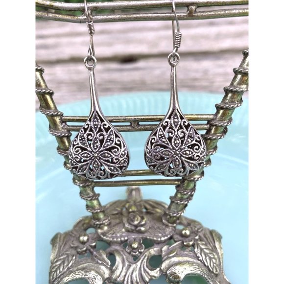 Vintage 925 Sliver Marcasite Tear Drop Dangle Earrings - Picture 2 of 14